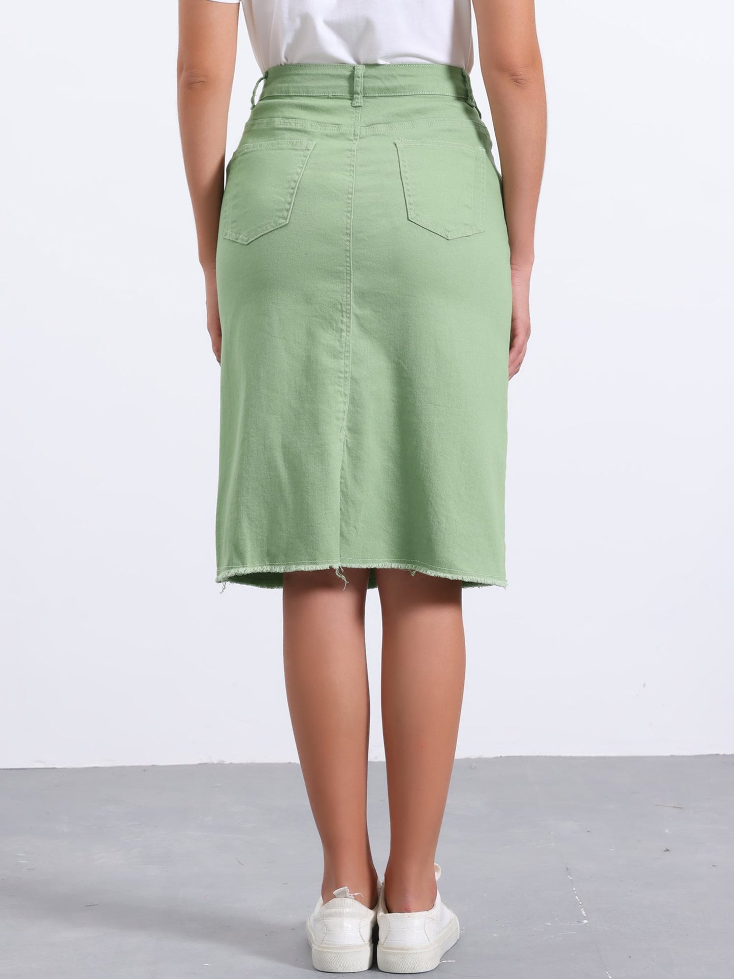 Elegant Denim Midi Skirt for Women with High Waist Fitted Straight Style