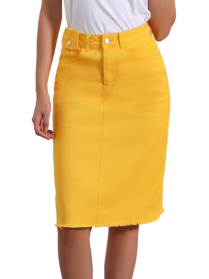 Elegant Denim Midi Skirt for Women with High Waist Fitted Straight Style