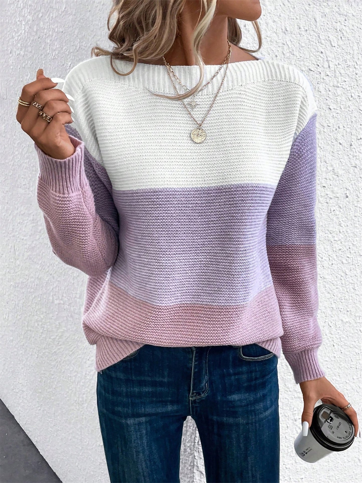 Effortless Colorblock Sweater for Women with Crew Neck Long Sleeve Relaxed Style