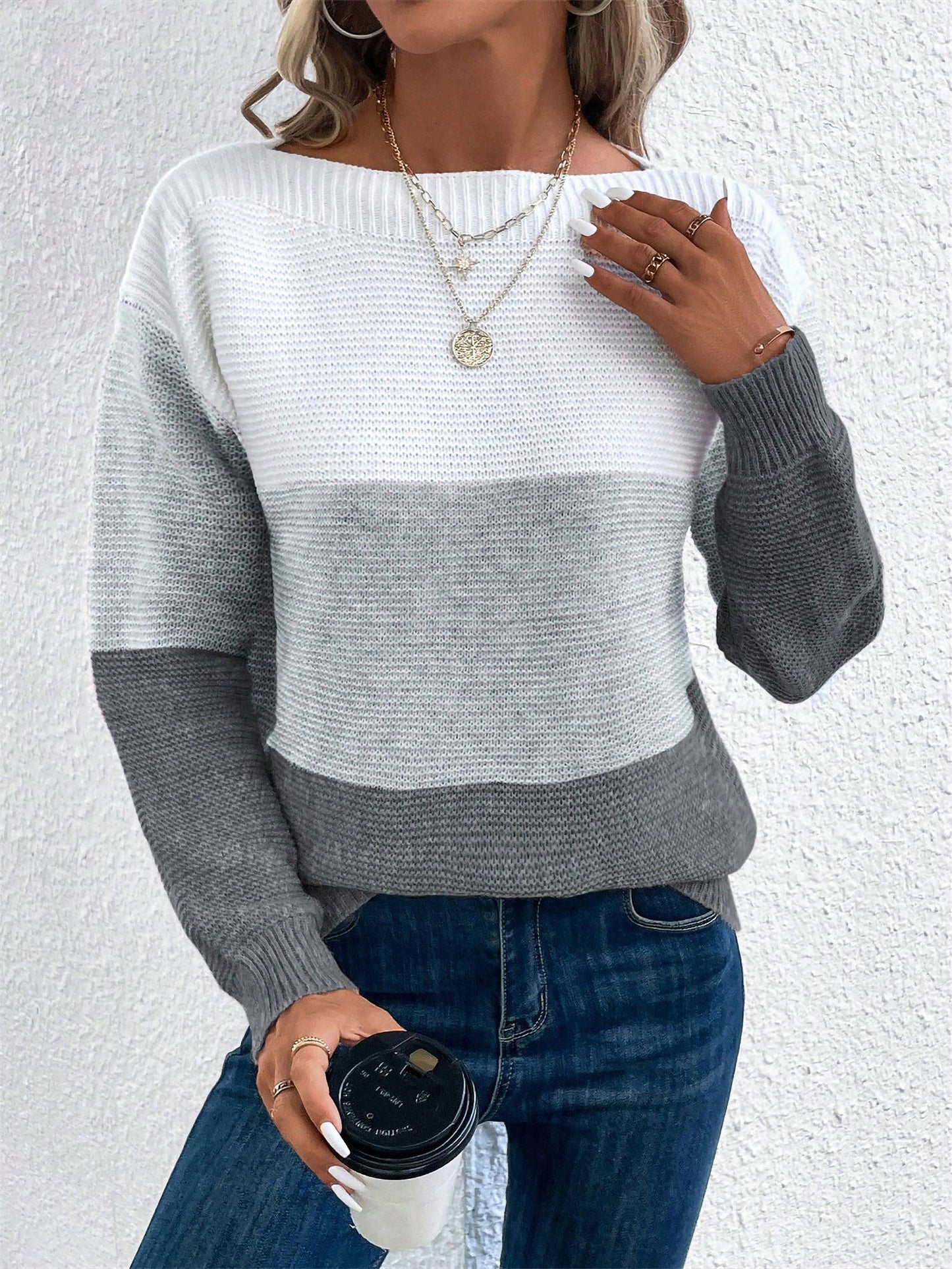 Effortless Colorblock Sweater for Women with Crew Neck Long Sleeve Relaxed Style