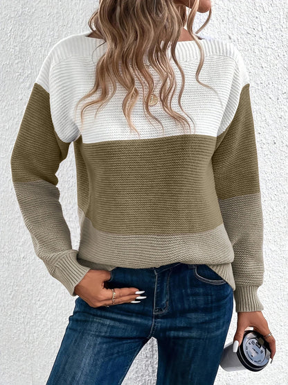 Effortless Colorblock Sweater for Women with Crew Neck Long Sleeve Relaxed Style
