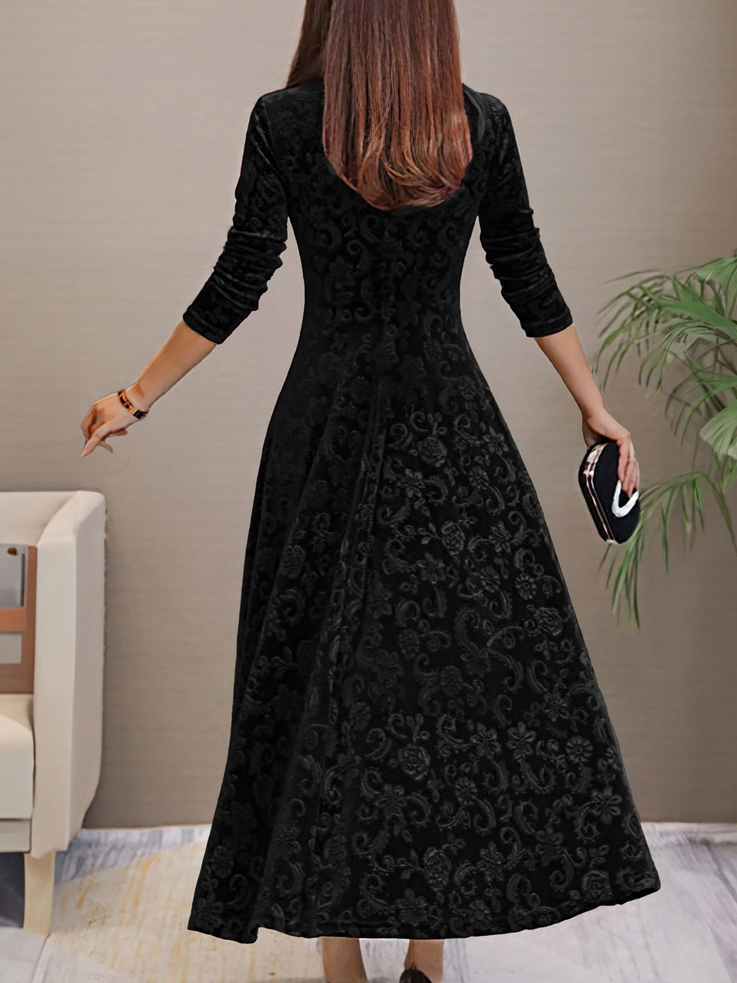 Elegant Floral Maxi Dress for Women with V-Neck Long Sleeve A Line Style