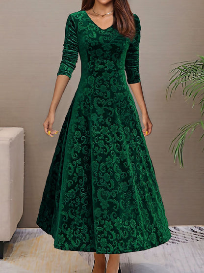 Elegant Floral Maxi Dress for Women with V-Neck Long Sleeve A Line Style