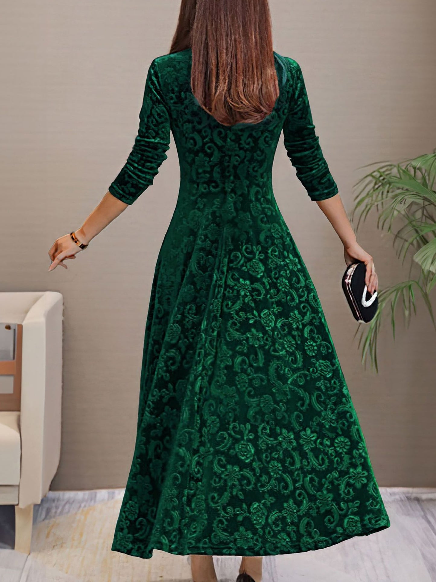 Elegant Floral Maxi Dress for Women with V-Neck Long Sleeve A Line Style
