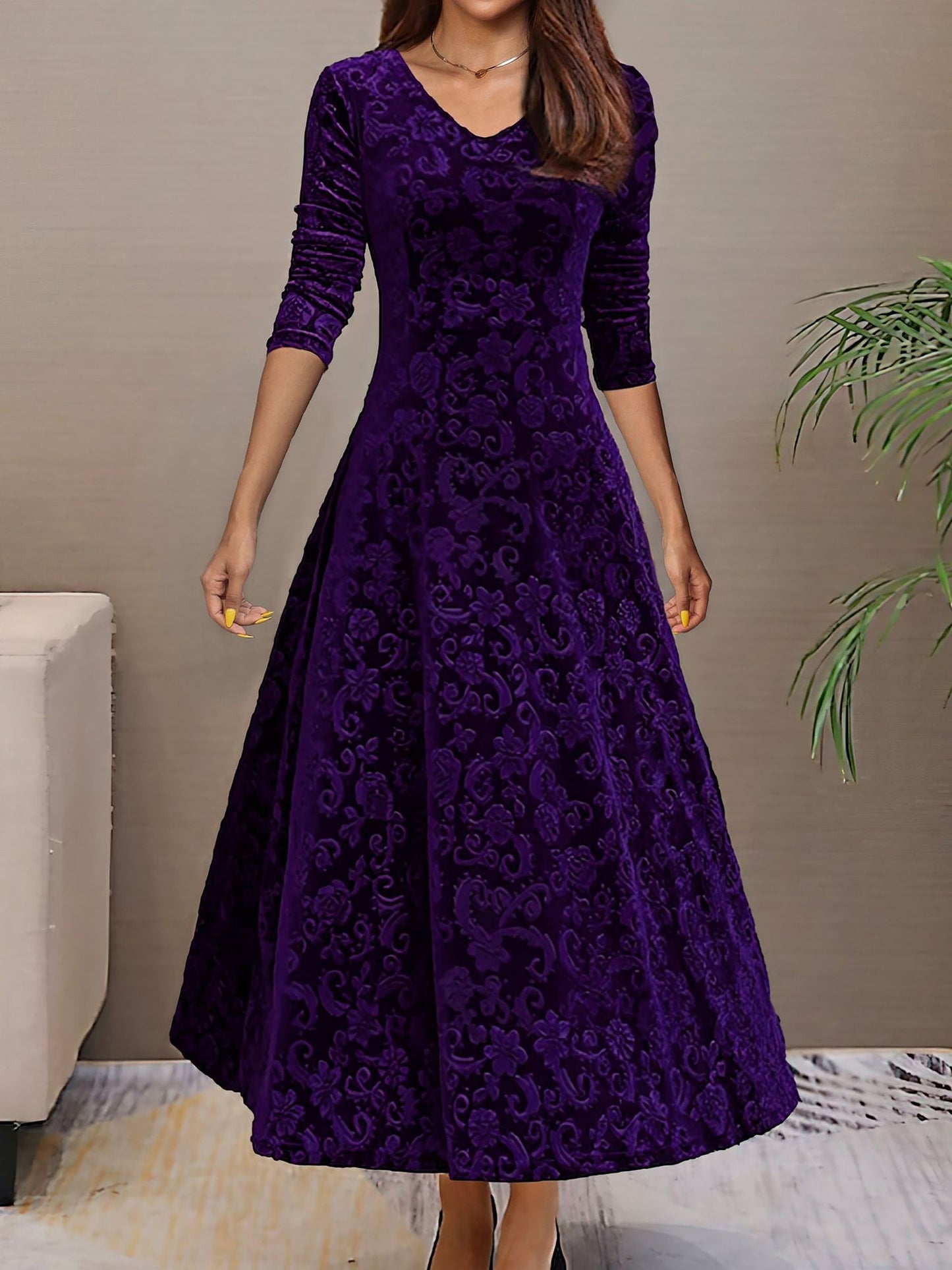 Elegant Floral Maxi Dress for Women with V-Neck Long Sleeve A Line Style
