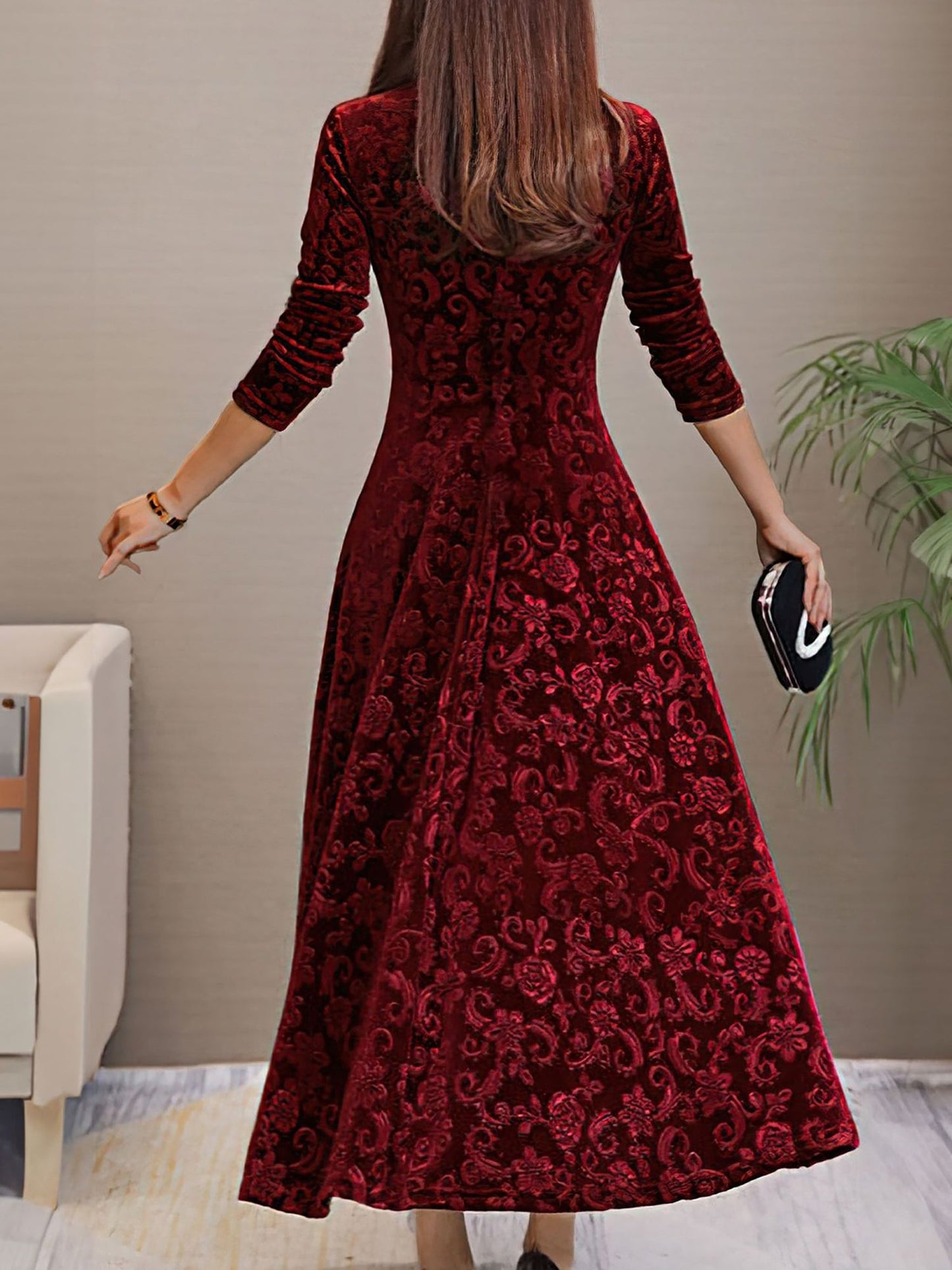 Elegant Floral Maxi Dress for Women with V-Neck Long Sleeve A Line Style