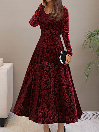 Elegant Floral Maxi Dress for Women with V-Neck Long Sleeve A Line Style