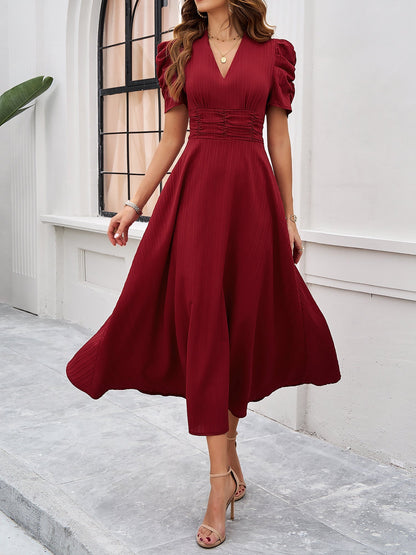Elegant Red Midi Dress for Women with V-Neck Puff Sleeve Side Slit Formal Wedding Guest Style