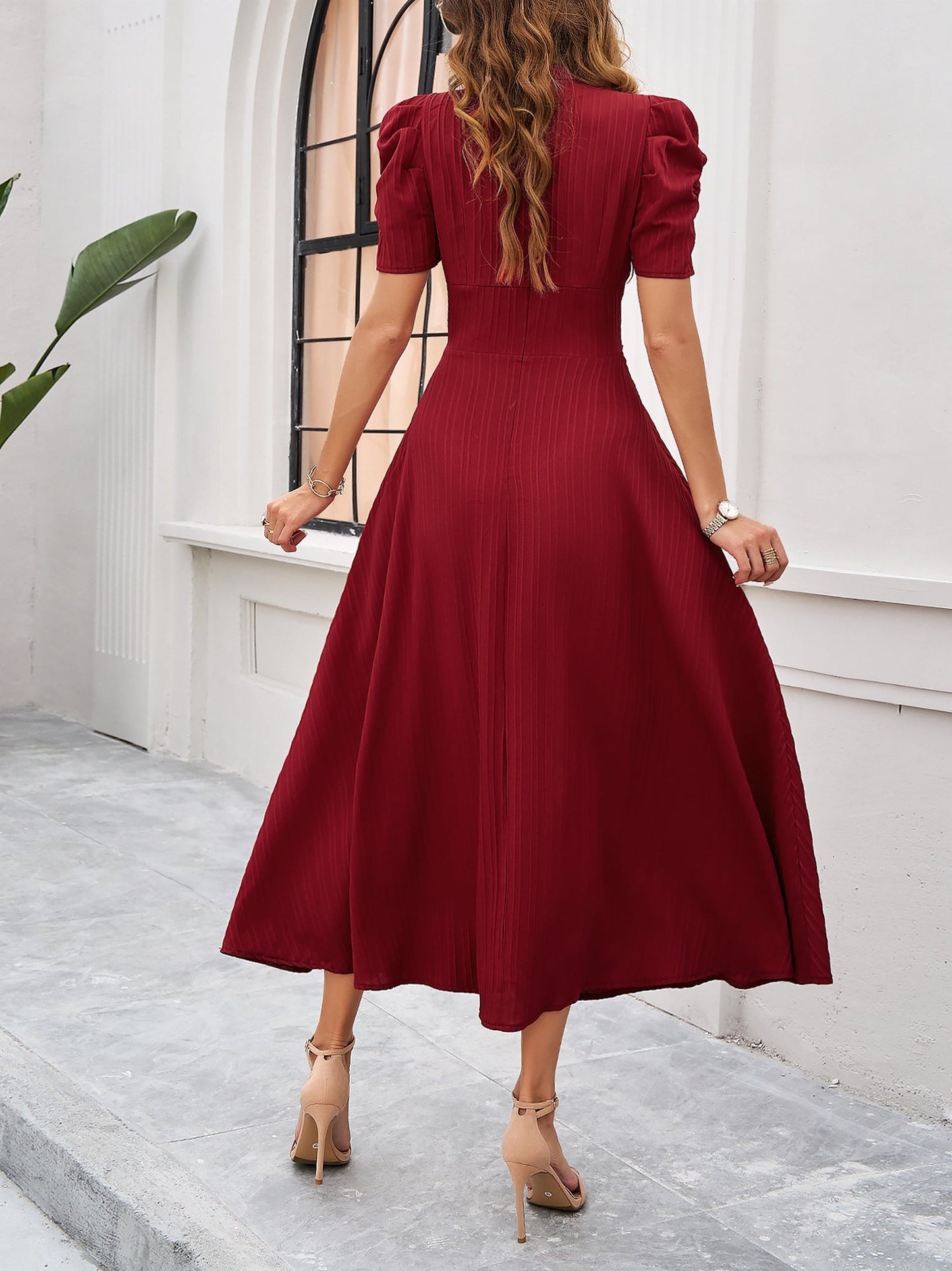 Elegant Red Midi Dress for Women with V-Neck Puff Sleeve Side Slit Formal Wedding Guest Style