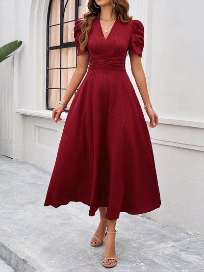 Elegant Red Midi Dress for Women with V-Neck Puff Sleeve Side Slit Formal Wedding Guest Style