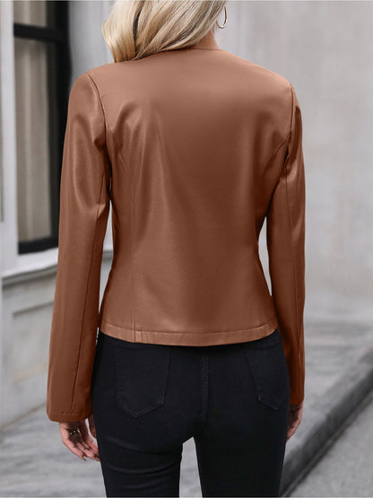Elegant Leather Jacket for Women with Notch Collar Zip Front Cropped Style