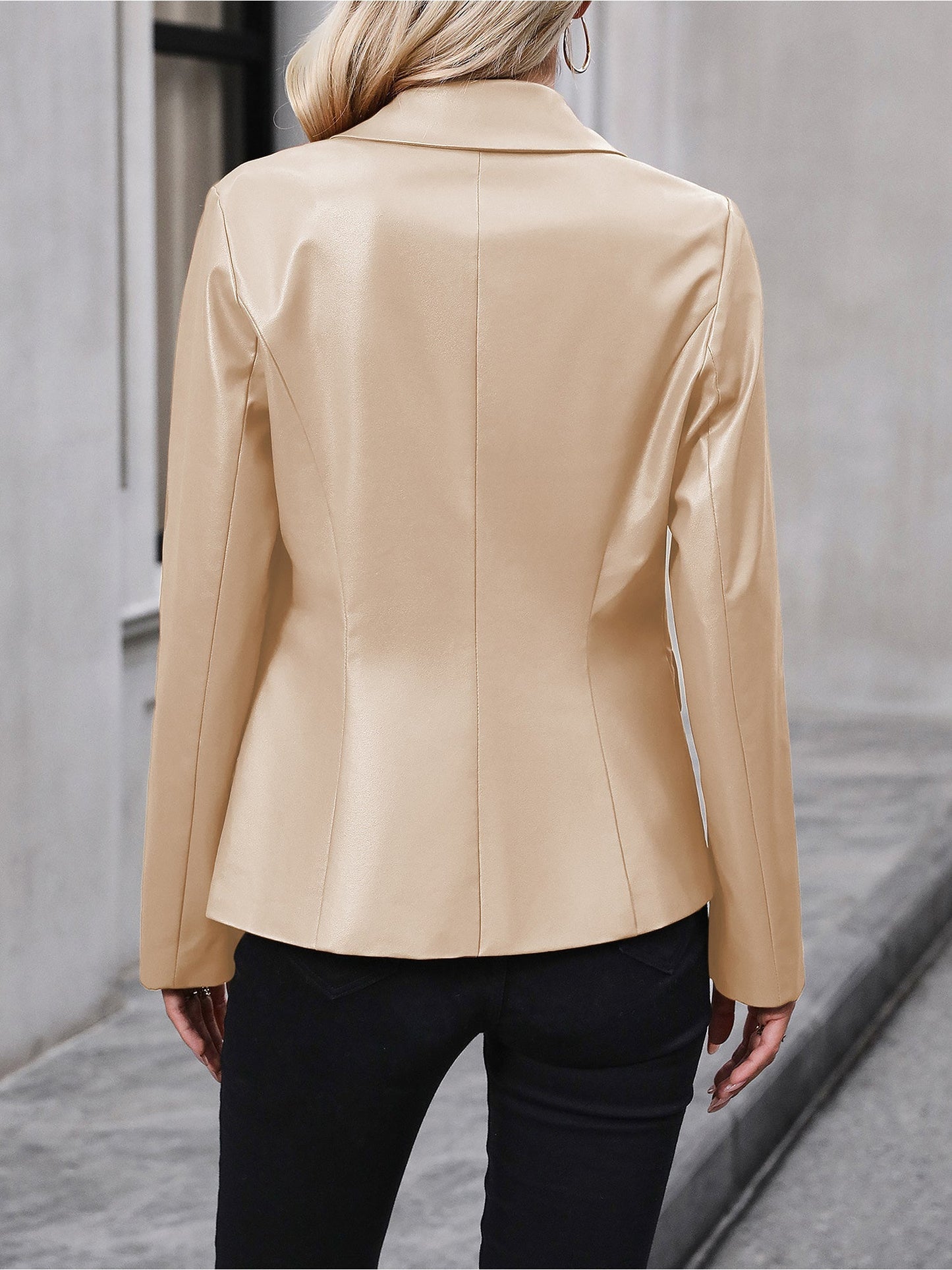 Elegant Leather Blazer Jacket for Women with Notch Collar Double Breasted Style