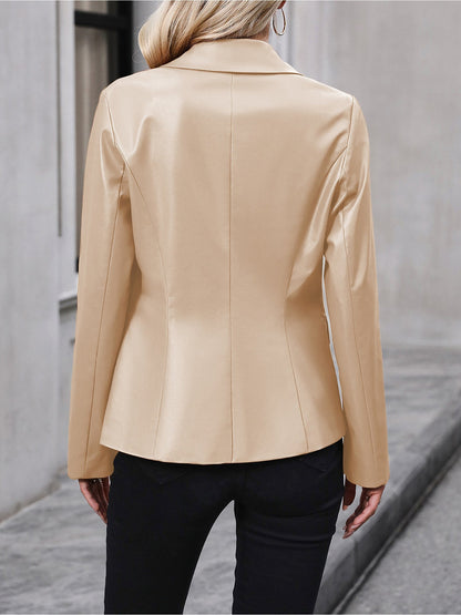 Elegant Leather Blazer Jacket for Women with Notch Collar Double Breasted Style