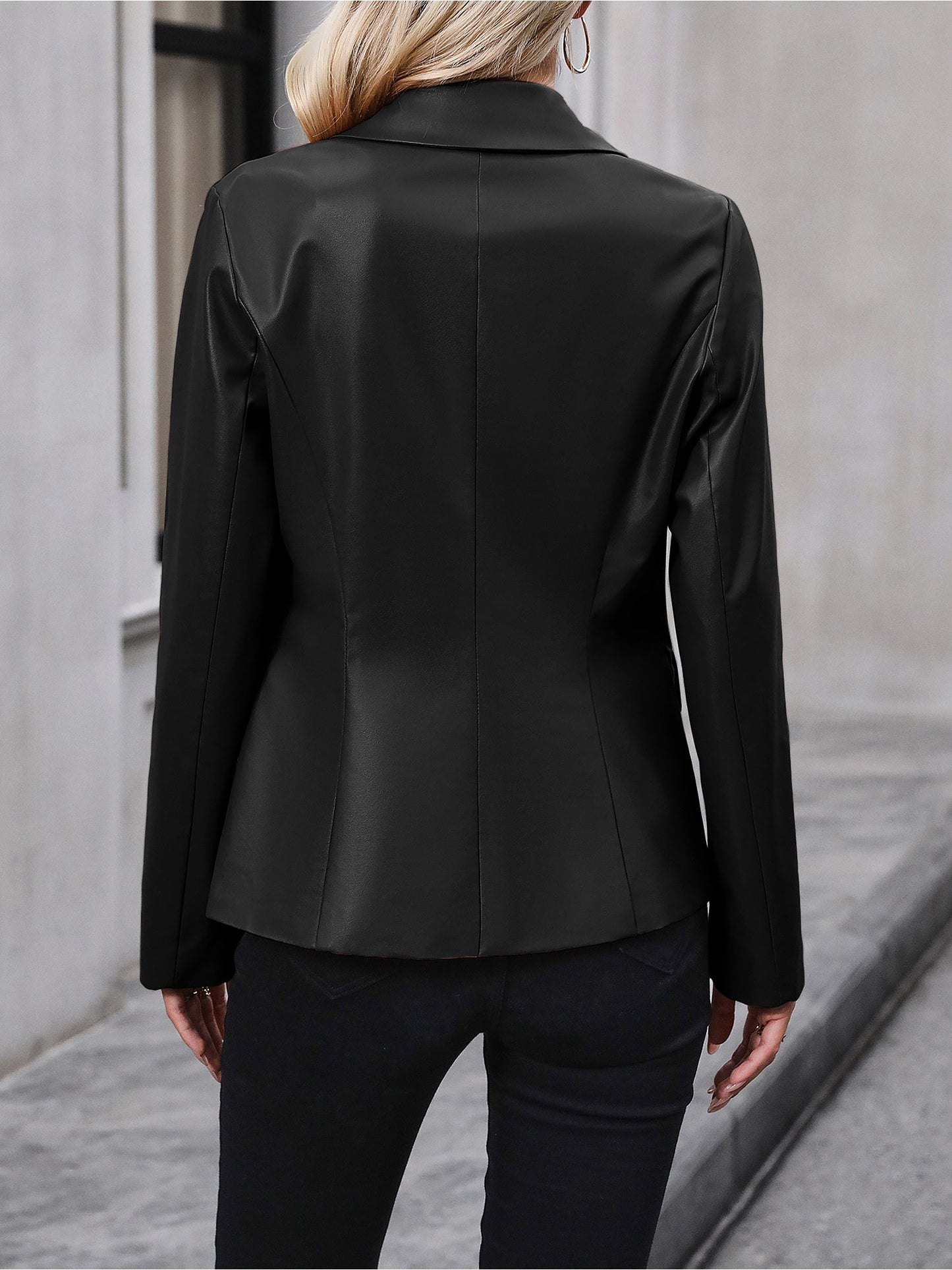 Elegant Leather Blazer Jacket for Women with Notch Collar Double Breasted Style