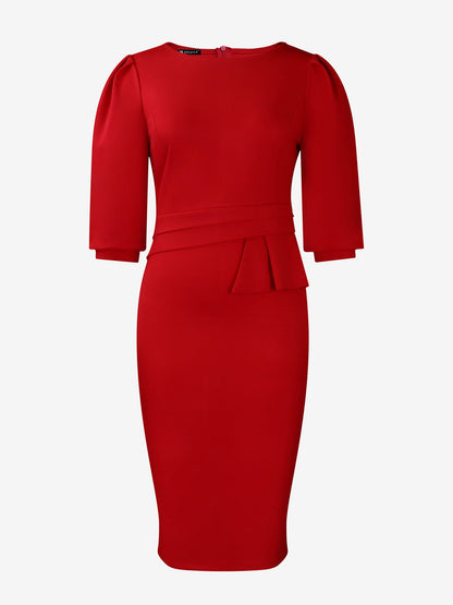 Elegant Red Bodycon Dress for Women with Round Neck Elbow Sleeve Peplum Waist Style