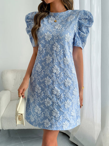 Elegant Floral Shift Dress for Women with Round Neck Puff Sleeve Jacquard Style