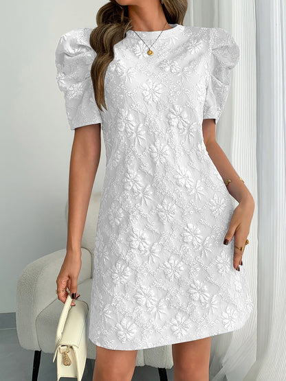 Elegant Floral Shift Dress for Women with Round Neck Puff Sleeve Jacquard Style