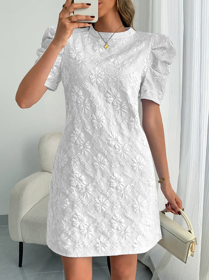 Elegant Floral Shift Dress for Women with Round Neck Puff Sleeve Jacquard Style