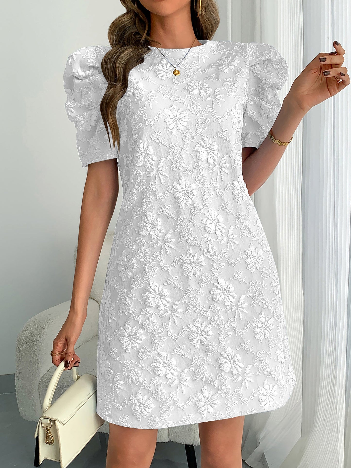 Elegant Floral Shift Dress for Women with Round Neck Puff Sleeve Jacquard Style