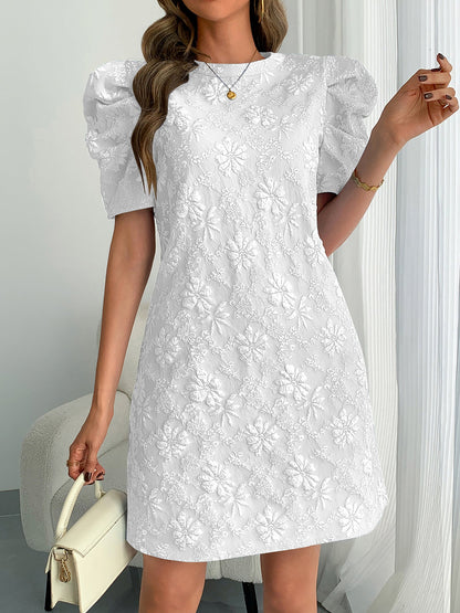 Elegant Floral Shift Dress for Women with Round Neck Puff Sleeve Jacquard Style