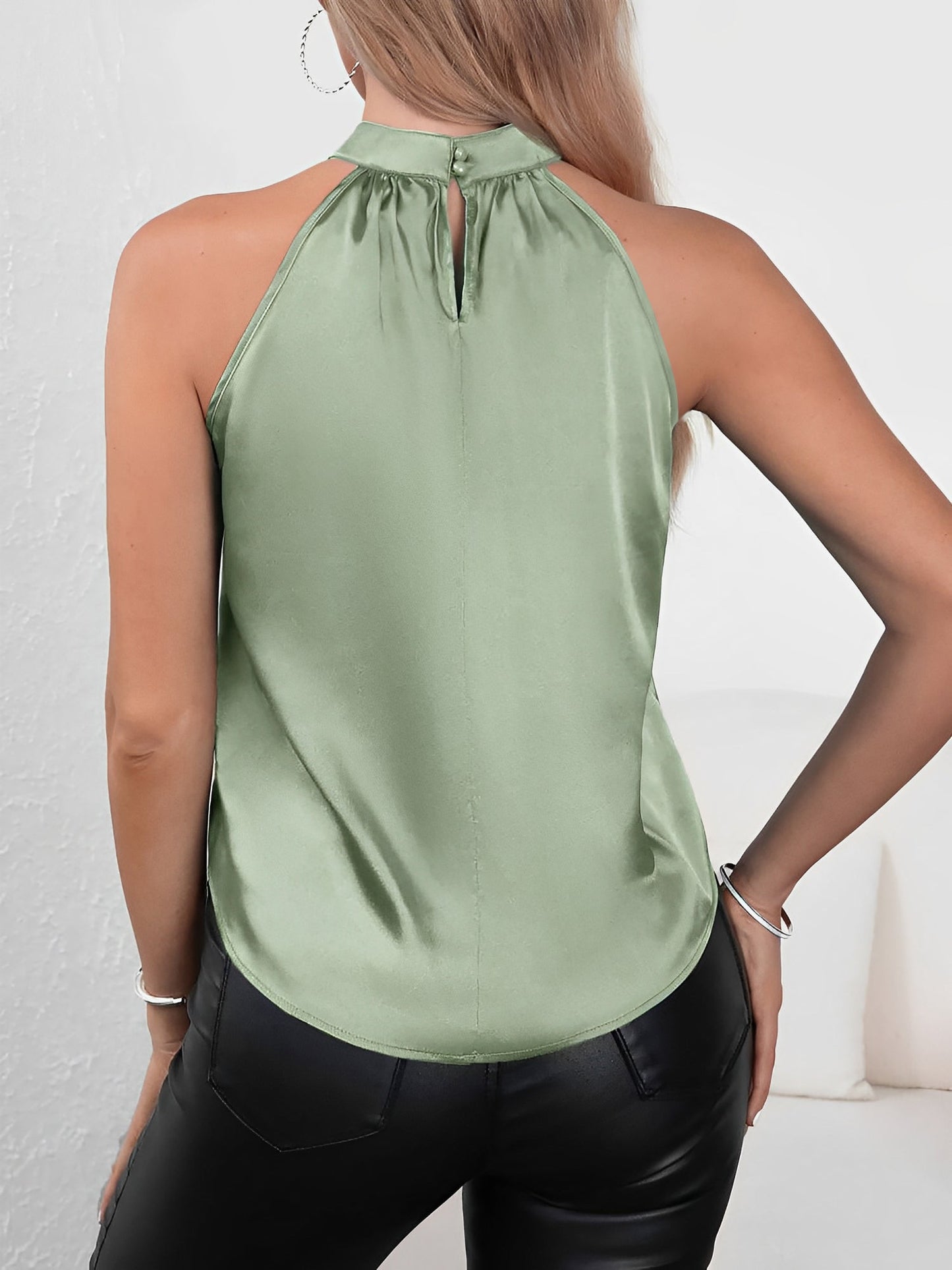 Elegant Satin Halter Blouses for Women with Gathered Neck Sleeveless Style