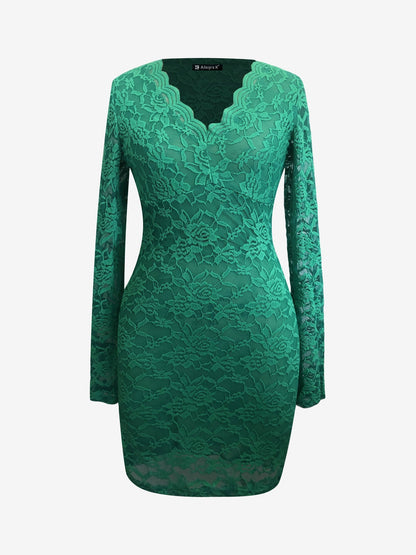 Elegant Lace Bodycon Dress for Women with V-Neck Long Sleeve Mini Style