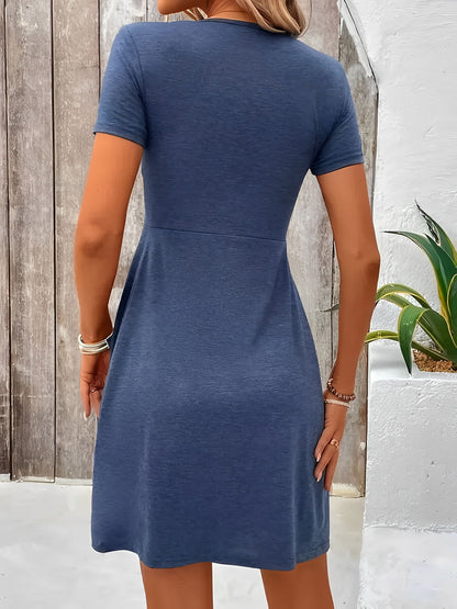 Effortless Twist Front Mini Dress for Women with V-Neck Short Sleeve Flowing Style