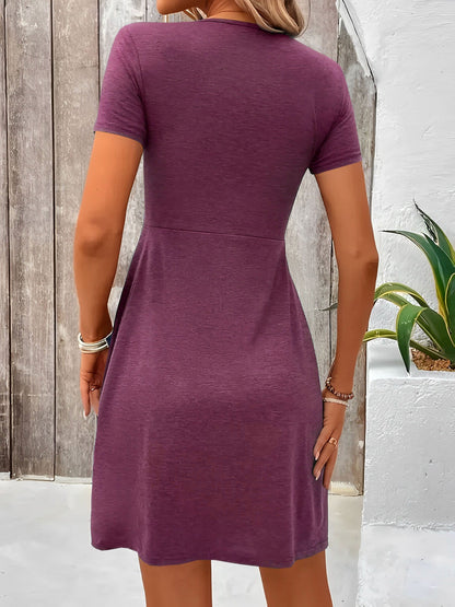 Effortless Twist Front Mini Dress for Women with V-Neck Short Sleeve Flowing Style