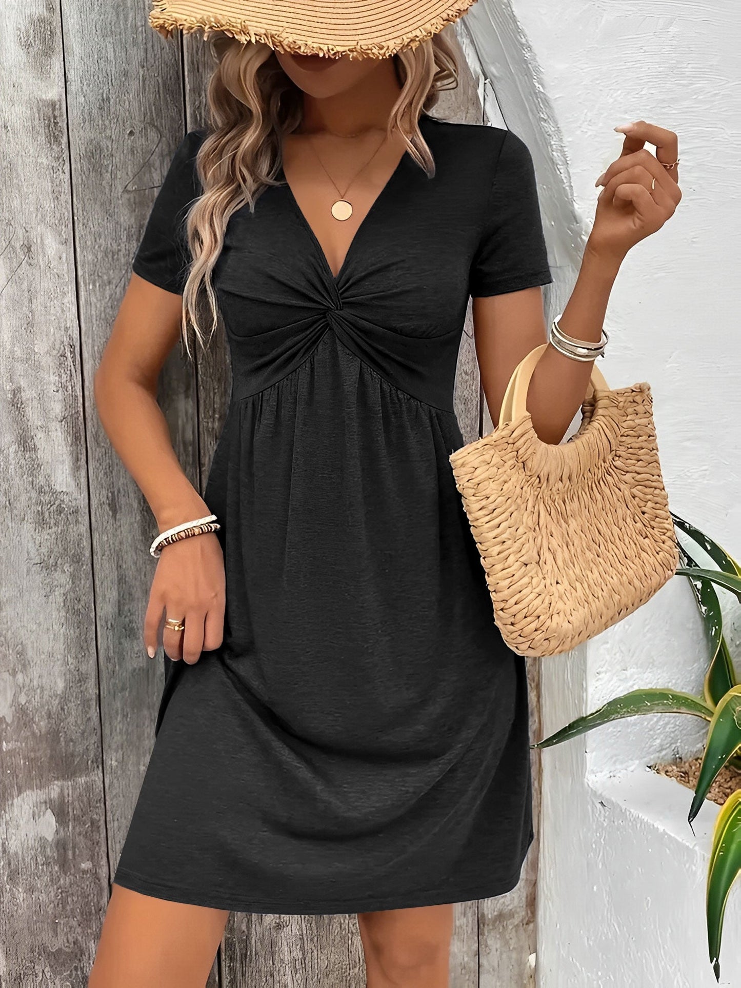 Effortless Twist Front Mini Dress for Women with V-Neck Short Sleeve Flowing Style