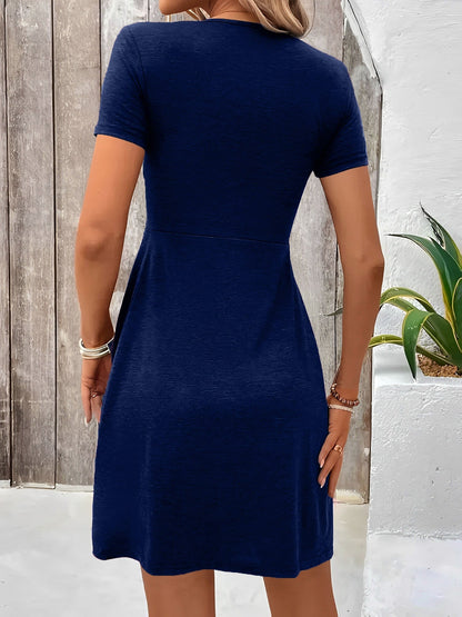 Effortless Twist Front Mini Dress for Women with V-Neck Short Sleeve Flowing Style