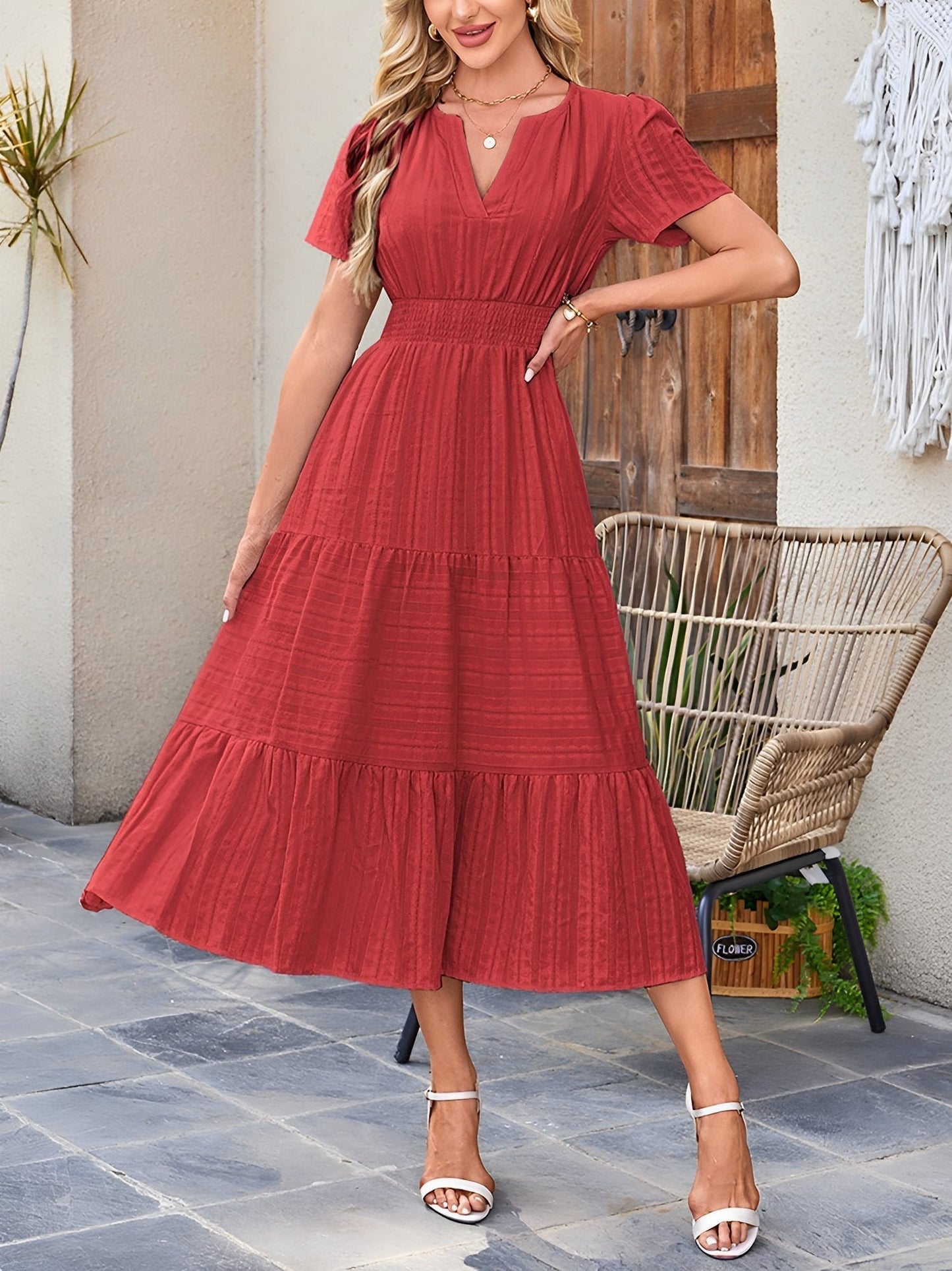 Elegant Red Midi Dress for Women with V-Neck Short Sleeve Tiered Style