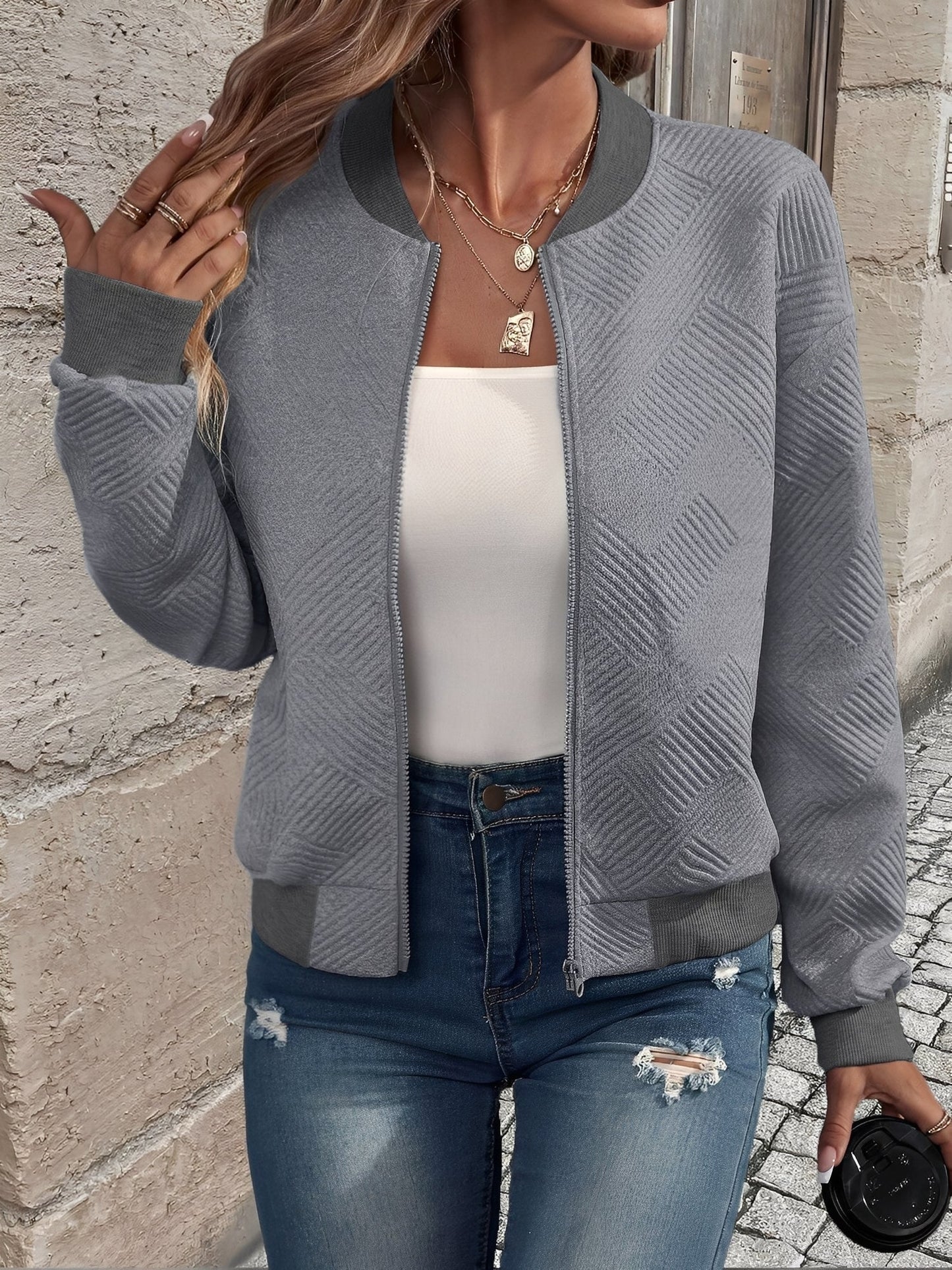 Comfortable Bomber Jacket for Women with Stand Collar Zip Front Textured Style
