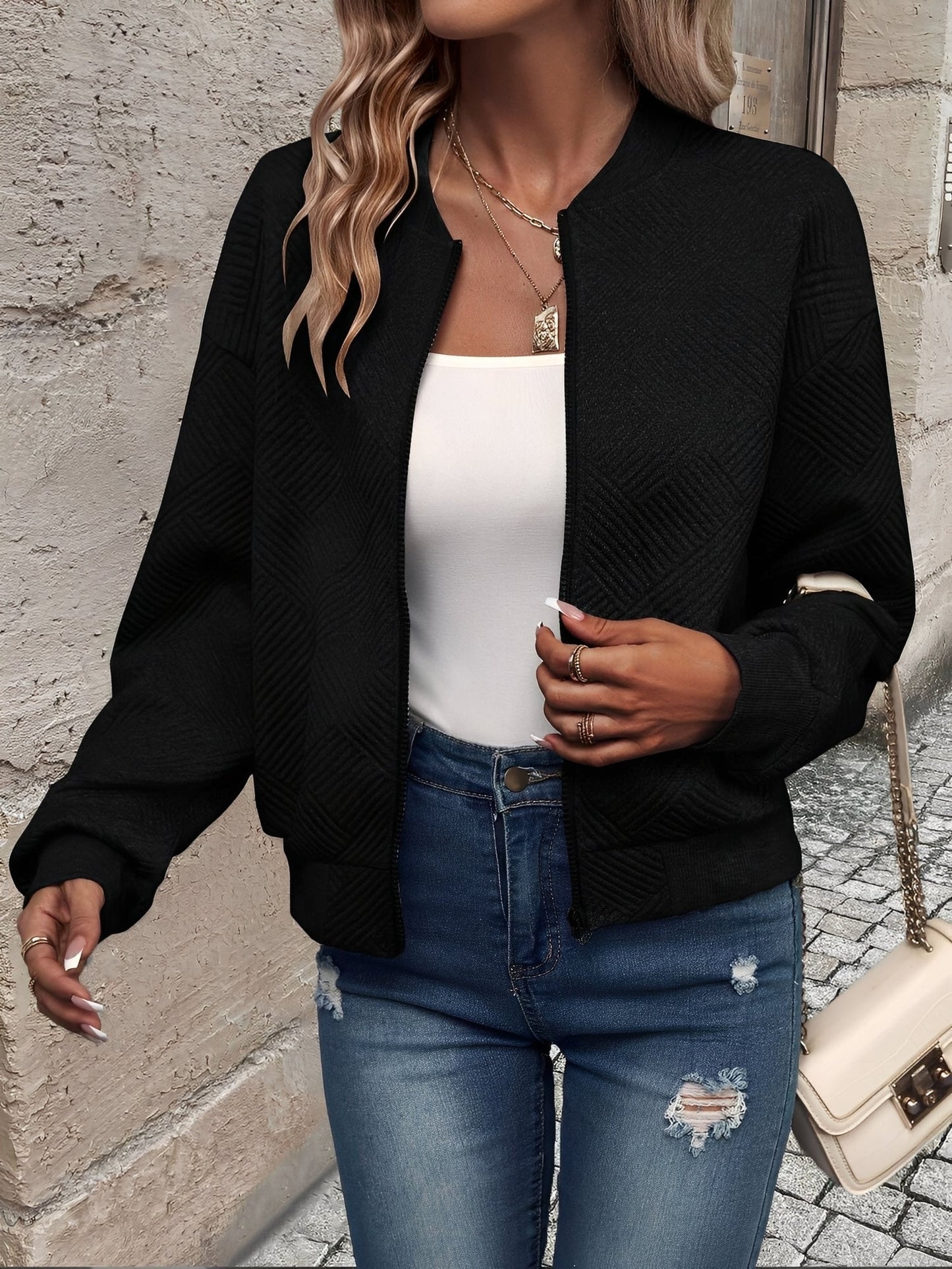 Comfortable Bomber Jacket for Women with Stand Collar Zip Front Textured Style