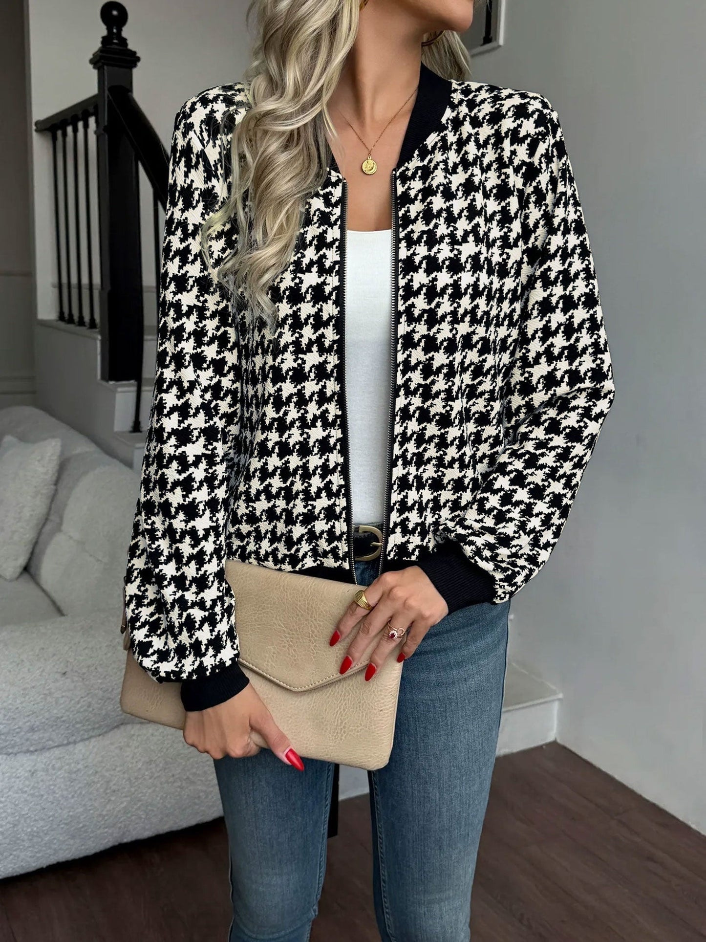 Elegant Black Bomber Jacket for Women with Houndstooth Print Stand Collar Style