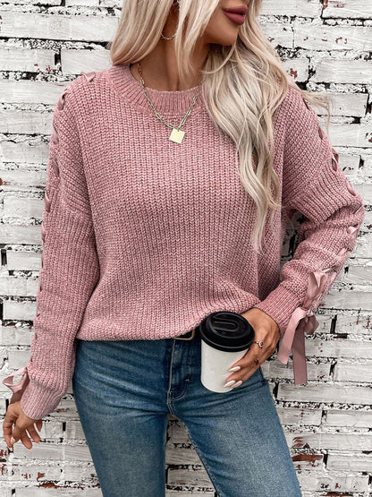 Comfortable Cable Knit Sweater for Women with Crew Neck Cinched Cuff Style