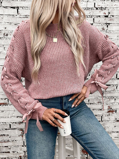 Comfortable Cable Knit Sweater for Women with Crew Neck Cinched Cuff Style