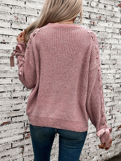 Comfortable Cable Knit Sweater for Women with Crew Neck Cinched Cuff Style