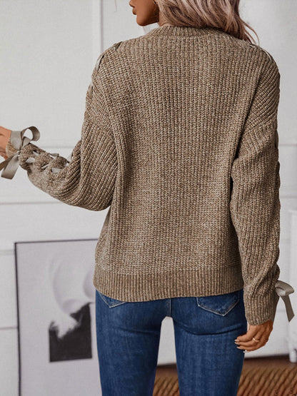Comfortable Cable Knit Sweater for Women with Crew Neck Cinched Cuff Style