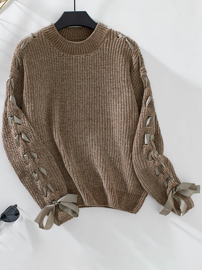 Comfortable Cable Knit Sweater for Women with Crew Neck Cinched Cuff Style