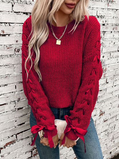 Comfortable Cable Knit Sweater for Women with Crew Neck Cinched Cuff Style
