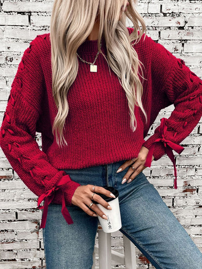 Comfortable Cable Knit Sweater for Women with Crew Neck Cinched Cuff Style