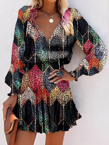 Effortless Leopard Print Mini Dress for Women with V-Neck Long Sleeve Tiered Ruffle Style