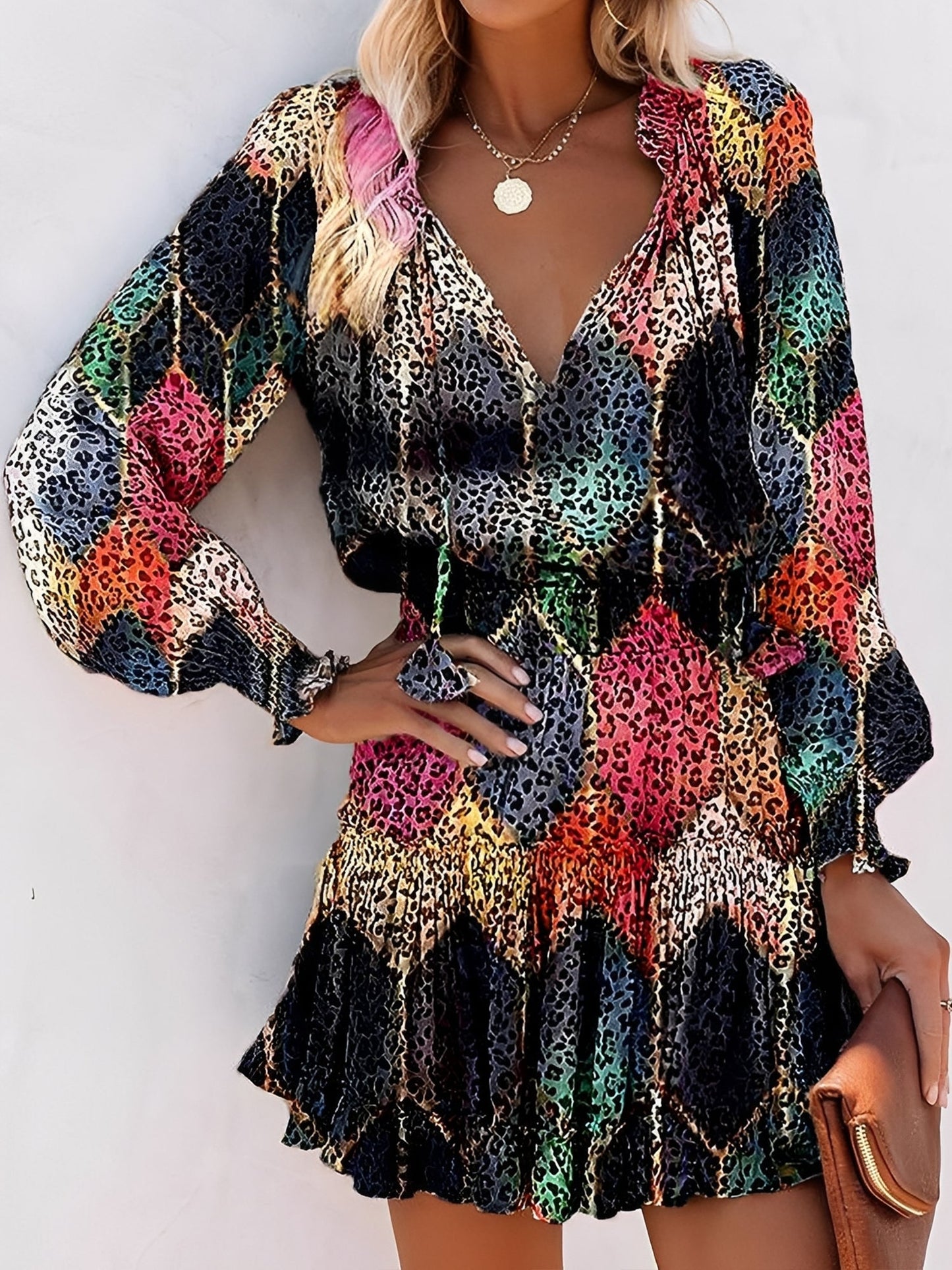 Effortless Leopard Print Mini Dress for Women with V-Neck Long Sleeve Tiered Ruffle Style