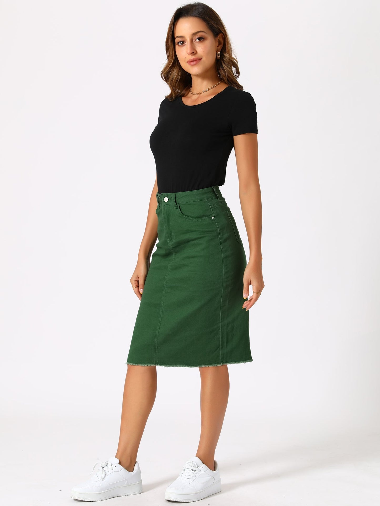 Elegant Denim Midi Skirt for Women with High Waist Fitted Straight Style