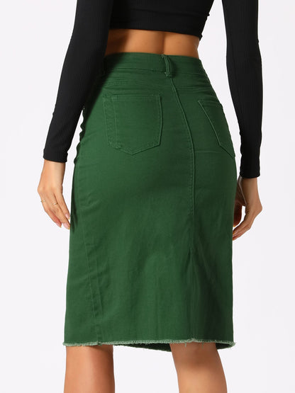 Elegant Denim Midi Skirt for Women with High Waist Fitted Straight Style