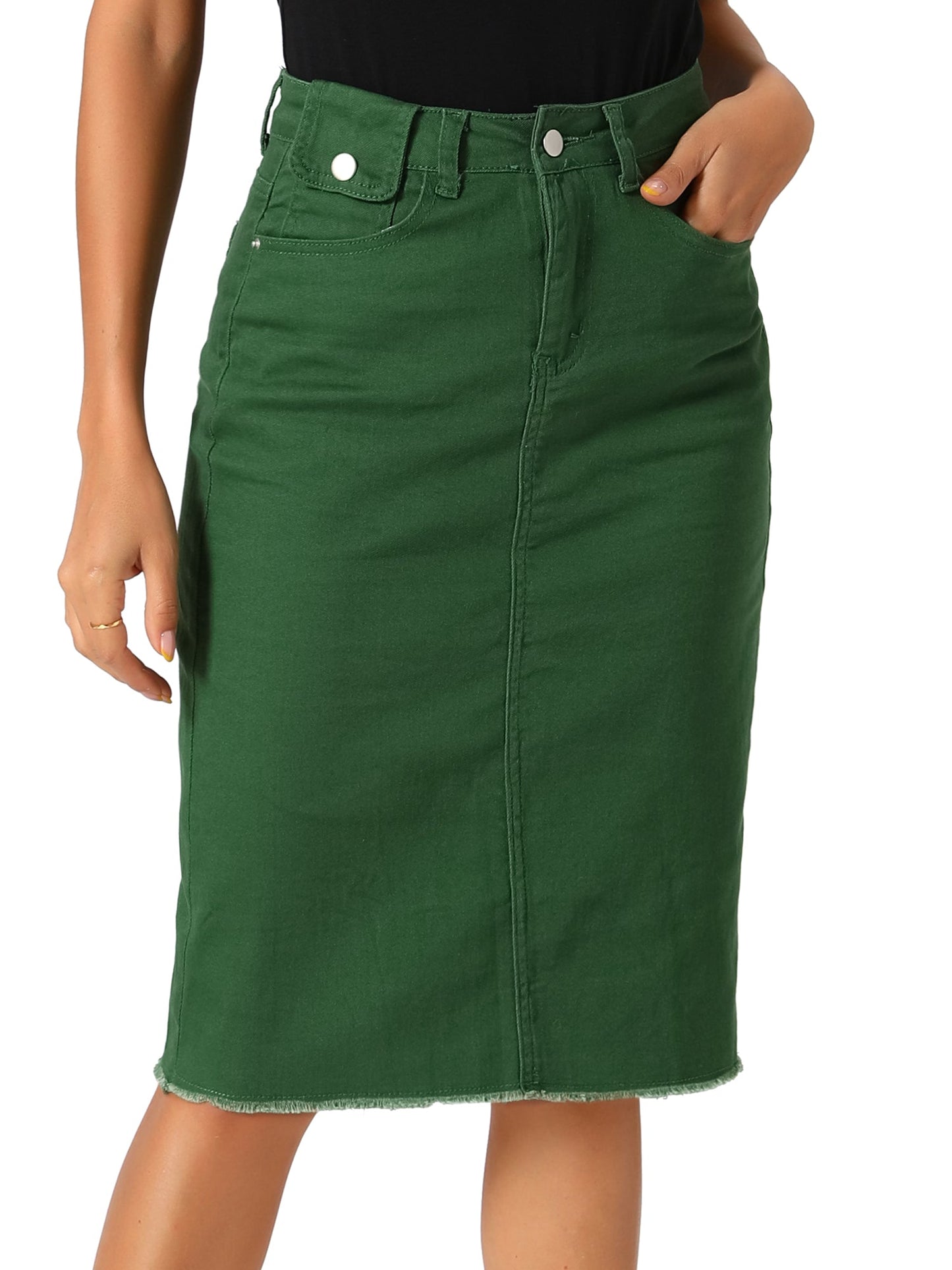 Elegant Denim Midi Skirt for Women with High Waist Fitted Straight Style