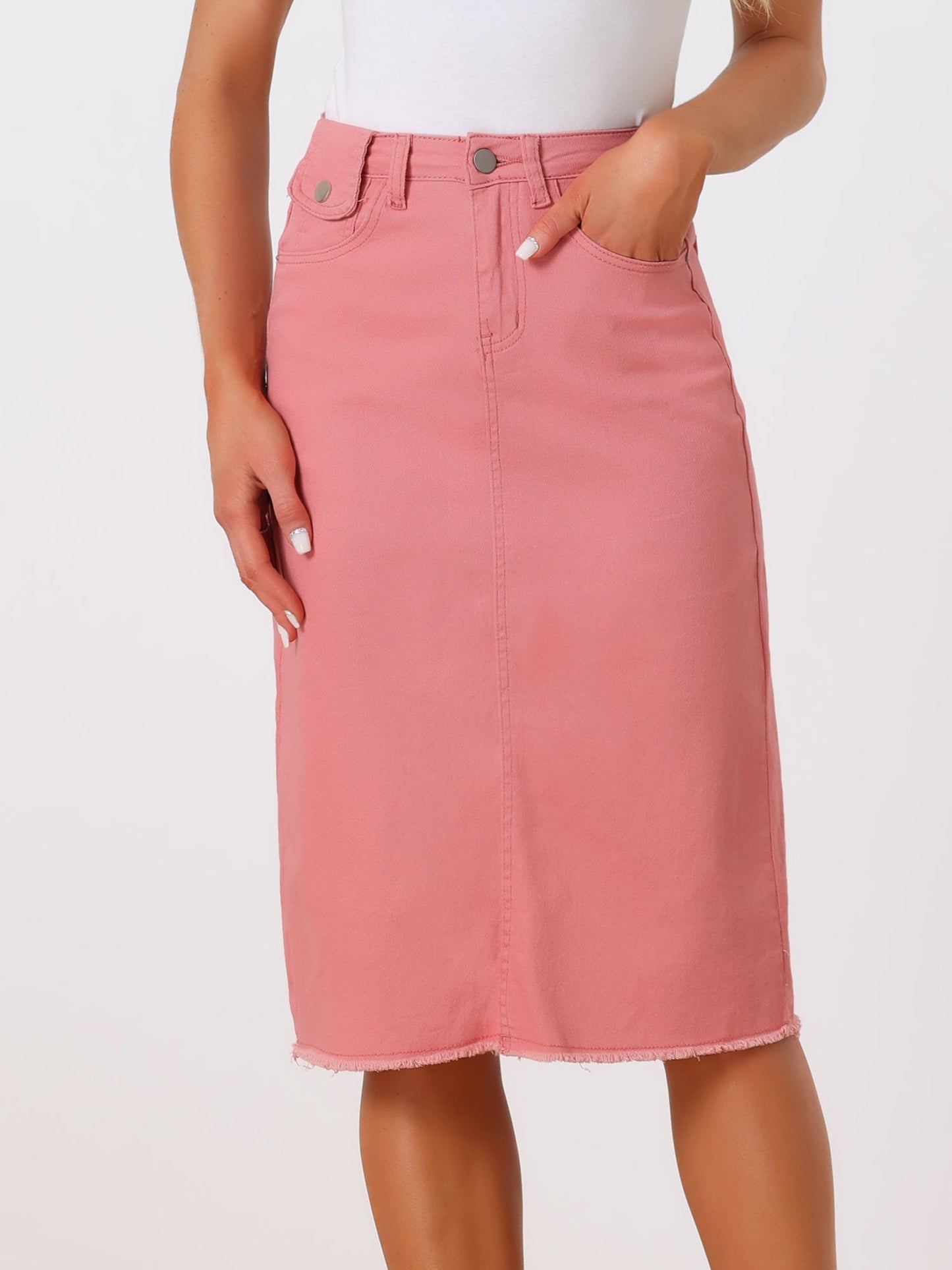 Elegant Denim Midi Skirt for Women with High Waist Fitted Straight Style