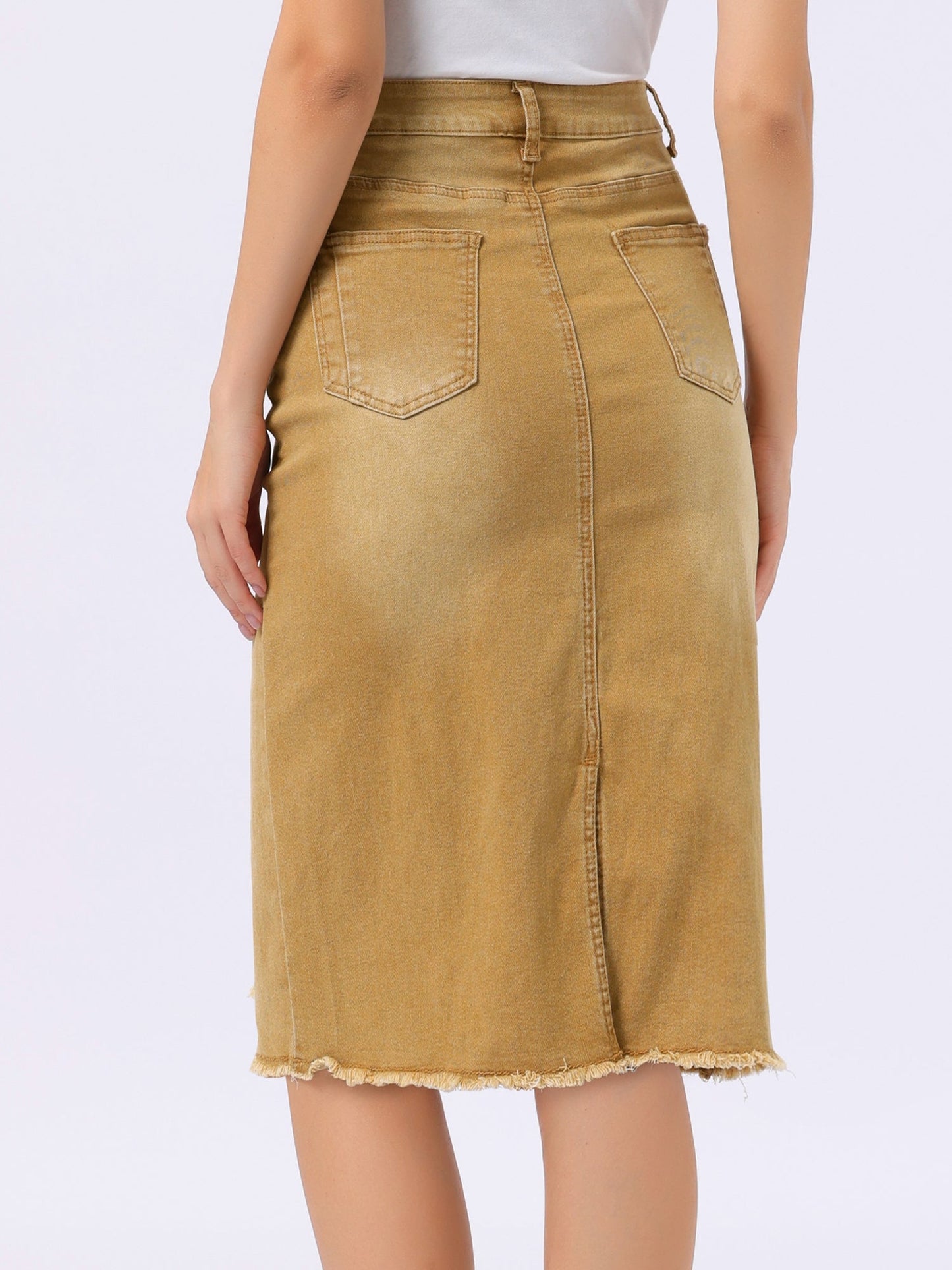 Elegant Denim Midi Skirt for Women with High Waist Fitted Straight Style