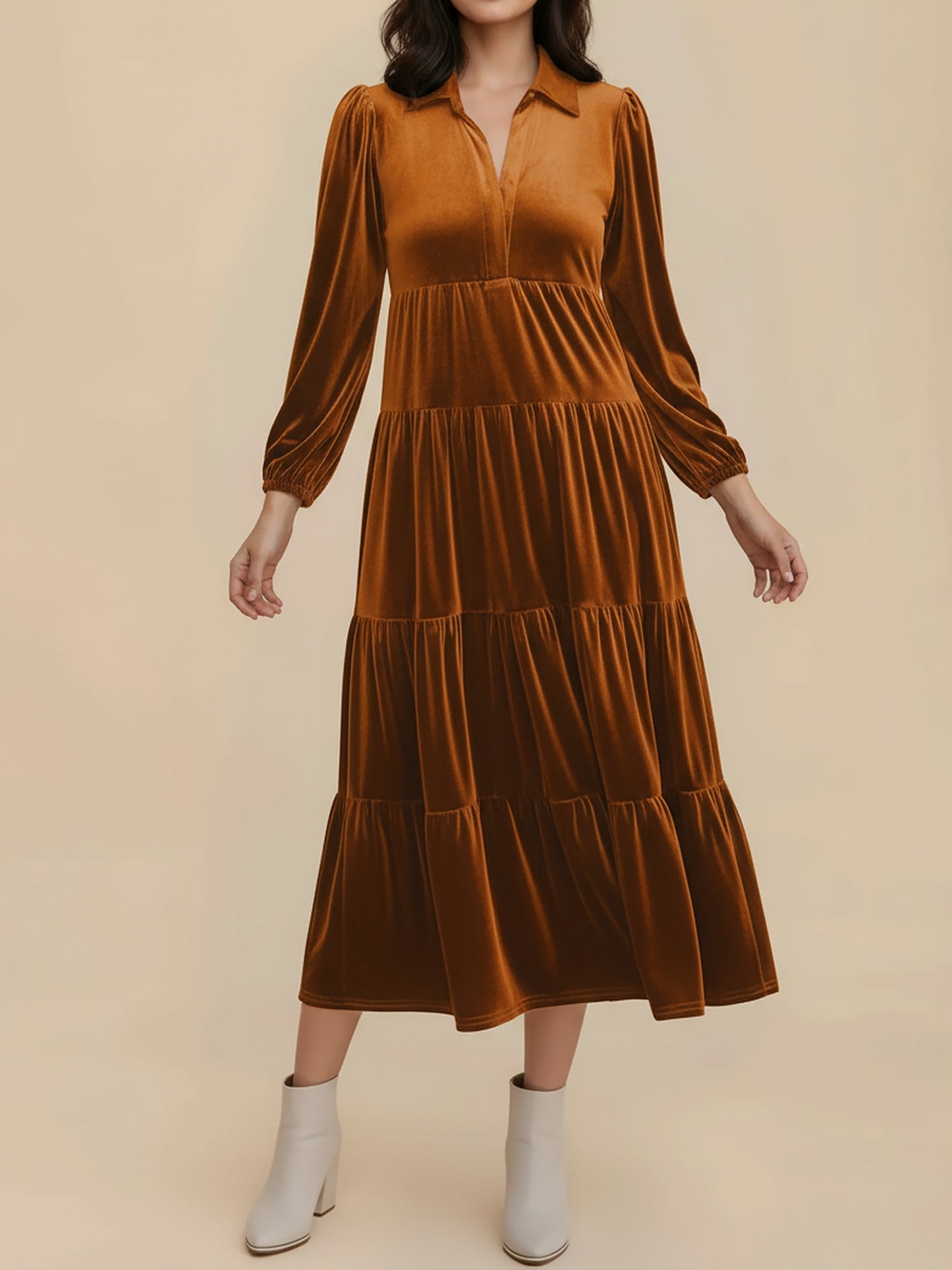 Elegant Velvet Maxi Dress for Women with V-Neck Long Sleeve Empire Waist Style