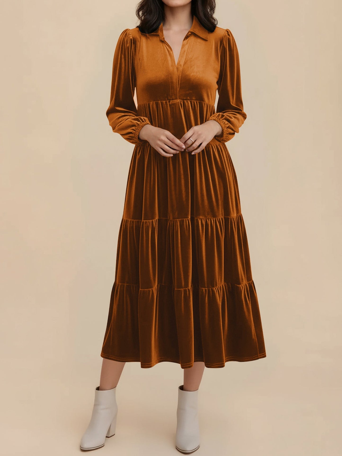Elegant Velvet Maxi Dress for Women with V-Neck Long Sleeve Empire Waist Style